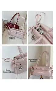 Detail view of pink and red baguette bags with heart zipper and ribbon bow accents