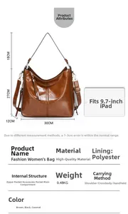 Tabella taglie dettagliata della borsa a secchiello marrone con dimensioni 30x12x27cm e tasche