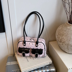 Women Textured PU Shoulder Underarm Bag With Bow Bunny Print Double Front Pockets Buckle Fashion Boston Handbag For Ladies