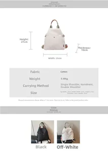 Tableau des tailles détaillé pour sac à dos et bandoulière imperméable en toile pour femme