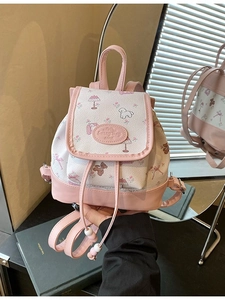 Mini color-block bucket backpack with cute cartoon patterns and pink leather flap cover