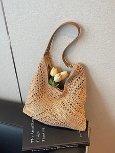 Damen Große Kapazität Geflochtene Stroh Tragetasche Hohl Häkeln Umhängetasche Mit PU Lederband Lässige Strand Urlaub Handtasche