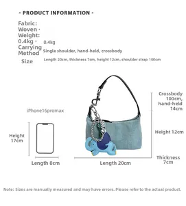 Size chart showing light blue woven handbag dimensions with iPhone scale comparison