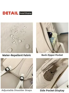 Detail view of water-resistant beige backpack featuring hidden back pocket and side pockets
