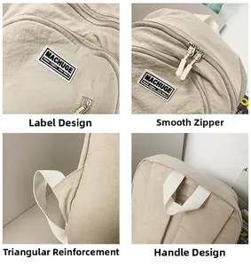 Detailed views of beige nylon backpack featuring logo tag, smooth zippers and reinforced straps