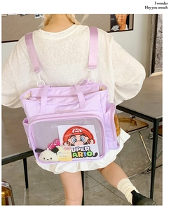 Detail view of purple ita bag with a clear window showing decorative anime accessories