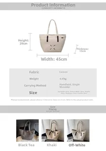 Size chart and dimensions for large canvas tote bag showing handle height and width