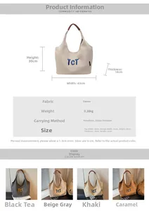 Detailed dimension chart and specifications for the TCT embroidered canvas tote bag