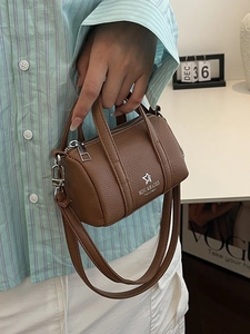 Chic brown lychee pattern mini Boston bag with dual handles and crossbody strap