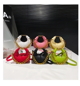 Litchi pattern crescent bags in six colors with gold chain handles and leather straps