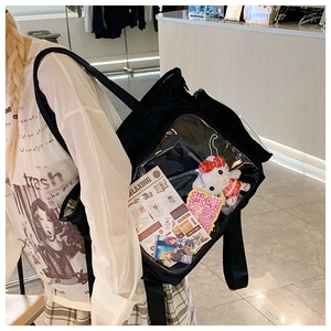 Detail of black ita bag with large transparent PVC window for badge display