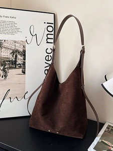 Retro dark brown large capacity faux suede tote bag with adjustable shoulder strap