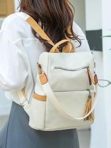 Fashion Patchwork PU Leather Backpack For Women Large Capacity Tassel Decor Vintage Travel Bag Urban School Commuter Rucksack