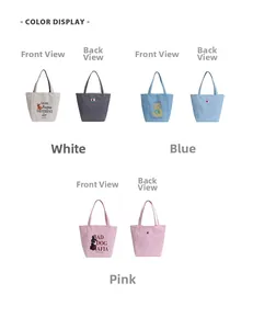 Detailed comparison of double-sided canvas tote bags in white, blue, and pink colors