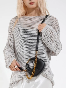 Fashionable black lychee grain crescent bag with gold chain strap and leather handle
