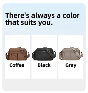 Three colors of nylon crossbody bags showing brown, black, and grey with wide straps