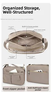 Detailed interior of beige crossbody bag showing multi-layer zipper storage compartments