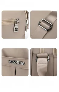 Detail of premium nylon square bag showing metal MSSHILIA logo and smooth zipper hardware