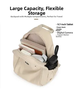 Interior detail of beige oxford backpack showing multi-pocket capacity for 9.7-inch tablets