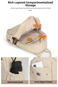 Oxford fabric backpack detail showing internal iPad compartment and side elastic pockets