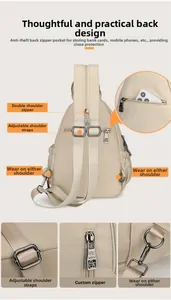 Detail view of anti-theft back pocket and adjustable strap of beige oxford backpack