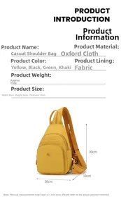 Detailed size chart and dimensions of the yellow Oxford fabric crossbody chest bag