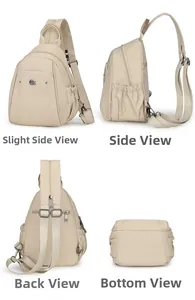 Multi-angle view of beige oxford backpack featuring main pockets and side elastic storage