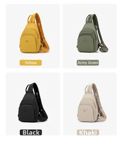 Detail view of Oxford crossbody bags in yellow, army green, black, and khaki colors