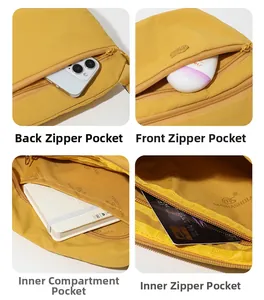 Close-up of four storage compartments in a yellow crossbody bag showing internal pockets