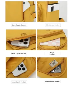 Detail view of water-resistant yellow nylon backpack with multi-pocket storage layout