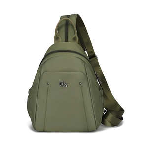 Detail of army green nylon sling bag with MS logo and adjustable shoulder strap