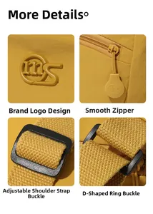 Detailed views showing MS logo, smooth zipper, strap buckle, and D-ring on yellow bag