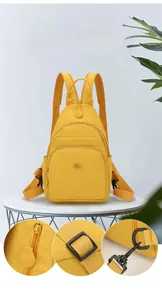 Detail of yellow Oxford cloth crossbody bag featuring anti-theft zipper and adjustable strap