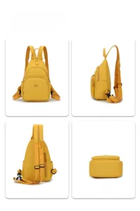 Detailed four-way view of yellow oxford cross-body bag showing structure and straps