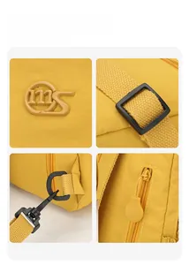 Detail view of yellow nylon bag featuring rubber logo, plastic buckles and zip pulls