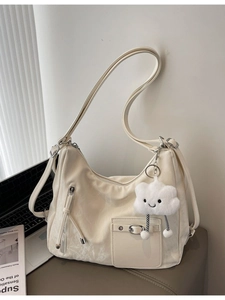 Minimalist creamy white large capacity crossbody dumpling bag with cute plush pendant