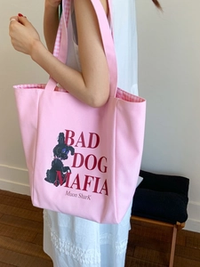 Pink large capacity canvas tote bag with Bad Dog Mafia print for casual daily use