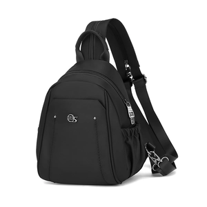 Detail of high-density nylon backpack showing side pocket and silver metallic MS logo