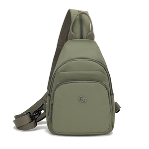 Detail view of olive green Oxford cloth crossbody bag with multi-layer zippers and logo