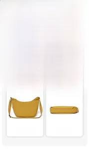 Detailed views of the yellow nylon crescent bag showing front, side, and bottom angles
