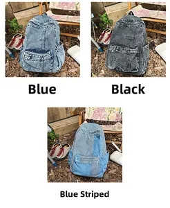 Detailed view of denim backpacks in blue, black, and striped designs for outdoor use