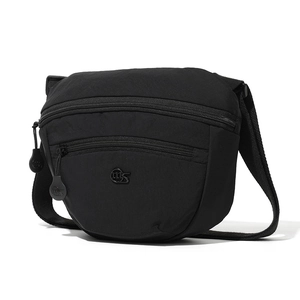 Detail view of the black multi-layer nylon crossbody bag with durable zippers and ms logo
