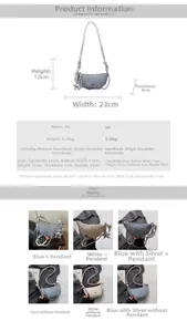 Size chart showing width 23cm, height 12cm and material details for PU crescent bag