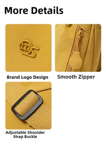 Detail view of yellow canvas bag featuring logo, smooth zipper, and adjustable strap buckle