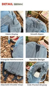 Detail view of denim striped backpack showing metal zippers and reinforced stitching
