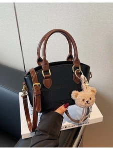 Vintage PU Leather Bucket Crossbody Bag For Women Contrast Color Small Handbag With Plush Bear Pendant Casual Travel Shoulder Bag