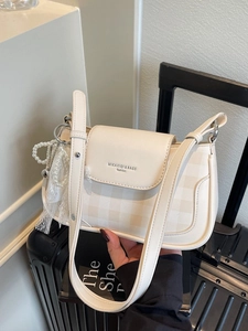 Women's Checkered Underarm Shoulder Bag PU Leather Small Square Crossbody Bag With Artificial Pearl Lace Heart Pendant Trendy Fashion Handbag