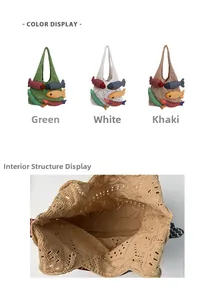 Detail view of colorful crochet tote bag with small fish ornaments and inner compartment