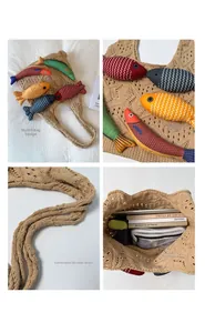 Detail of khaki crochet tote bag featuring colorful fish patches and woven texture