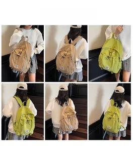 Detail shots of khaki and neon green minimalist backpacks with adjustable drawstring pockets